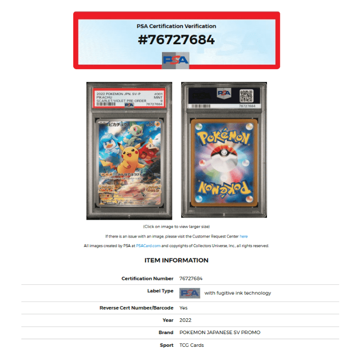 2022 POKEMON JAPANESE SV PROMO SCARLET & VIOLET PRE-ORDER #001 PIKACHU PSA 9 76727684