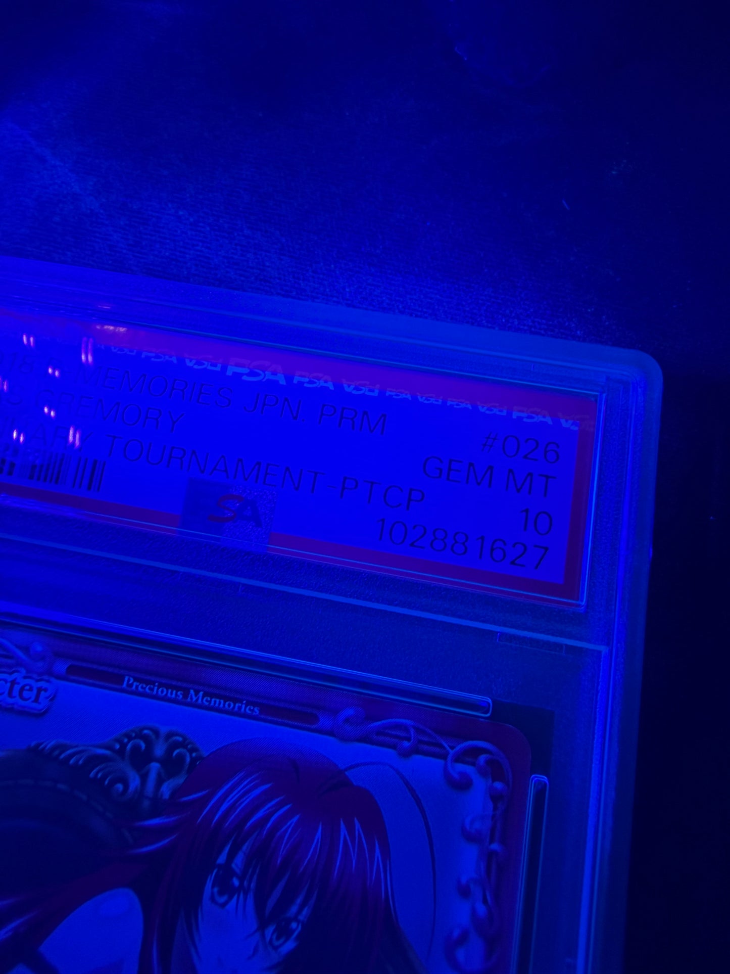 black light photo of 2018 PRECIOUS MEMORIES JAPANESE PROMO #026 RIAS GREMORY JANUARY TOURNAMENT-PTCP PSA 10