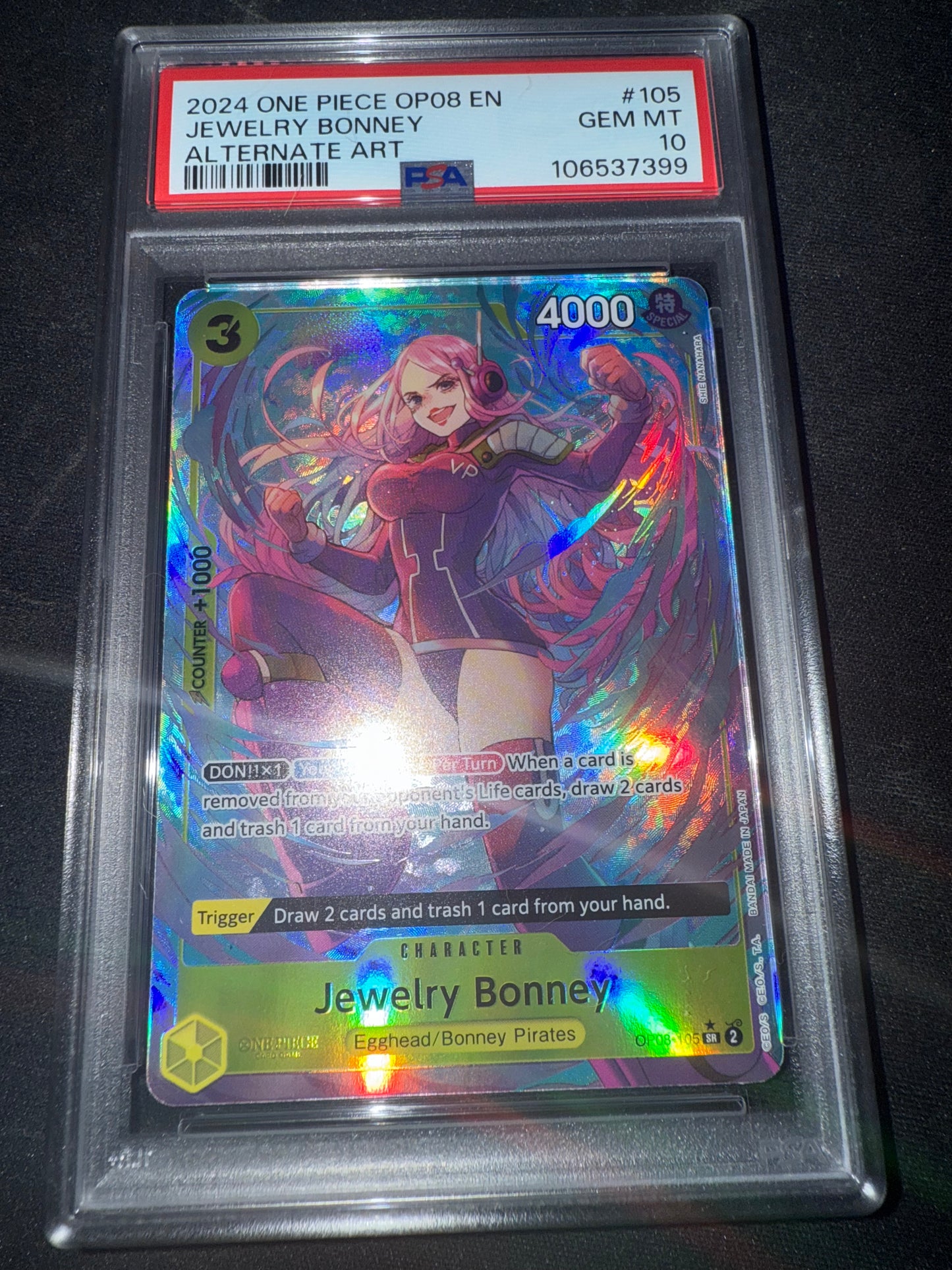 irl front 2024 ONE PIECE OP08-TWO LEGENDS #105 JEWELRY BONNEY ALTERNATE ART PSA 10 #106537399