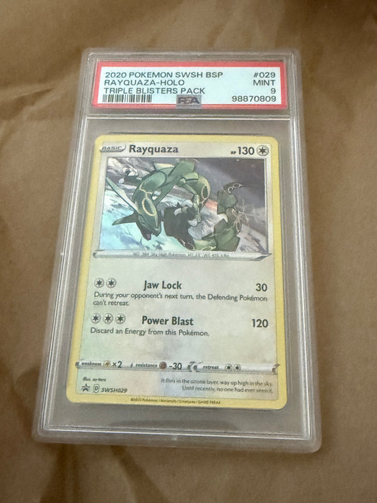 2020 POKEMON SWSH BLACK STAR PROMO TRIPLE BLISTERS PACK #029 RAYQUAZA-HOLO PSA 9