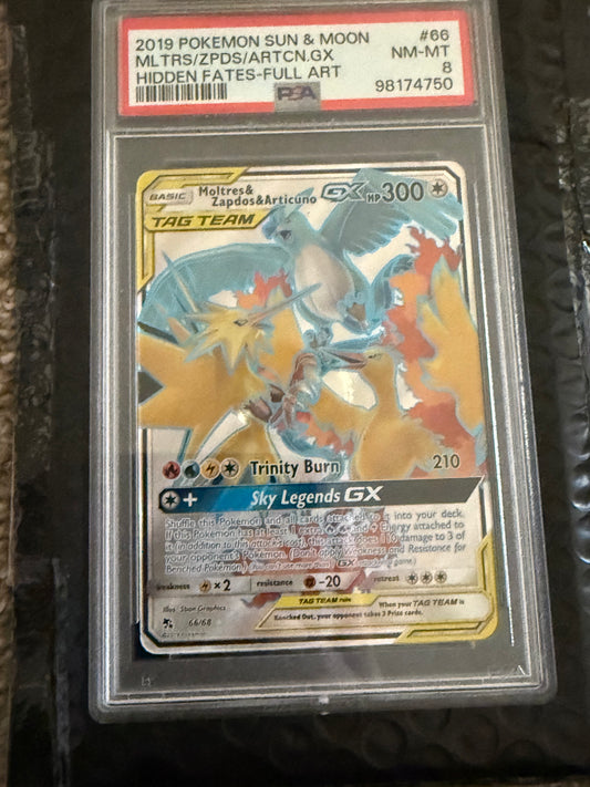 2019 POKEMON SUN & MOON #66 FULL ART/MOLTRES & ZAPDOS & ARTICUNO GX PSA 8