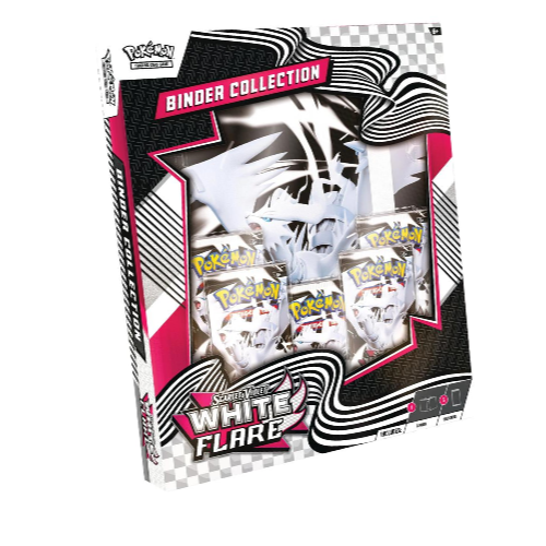 Pokémon trading card binder collection with white flare design on a white background