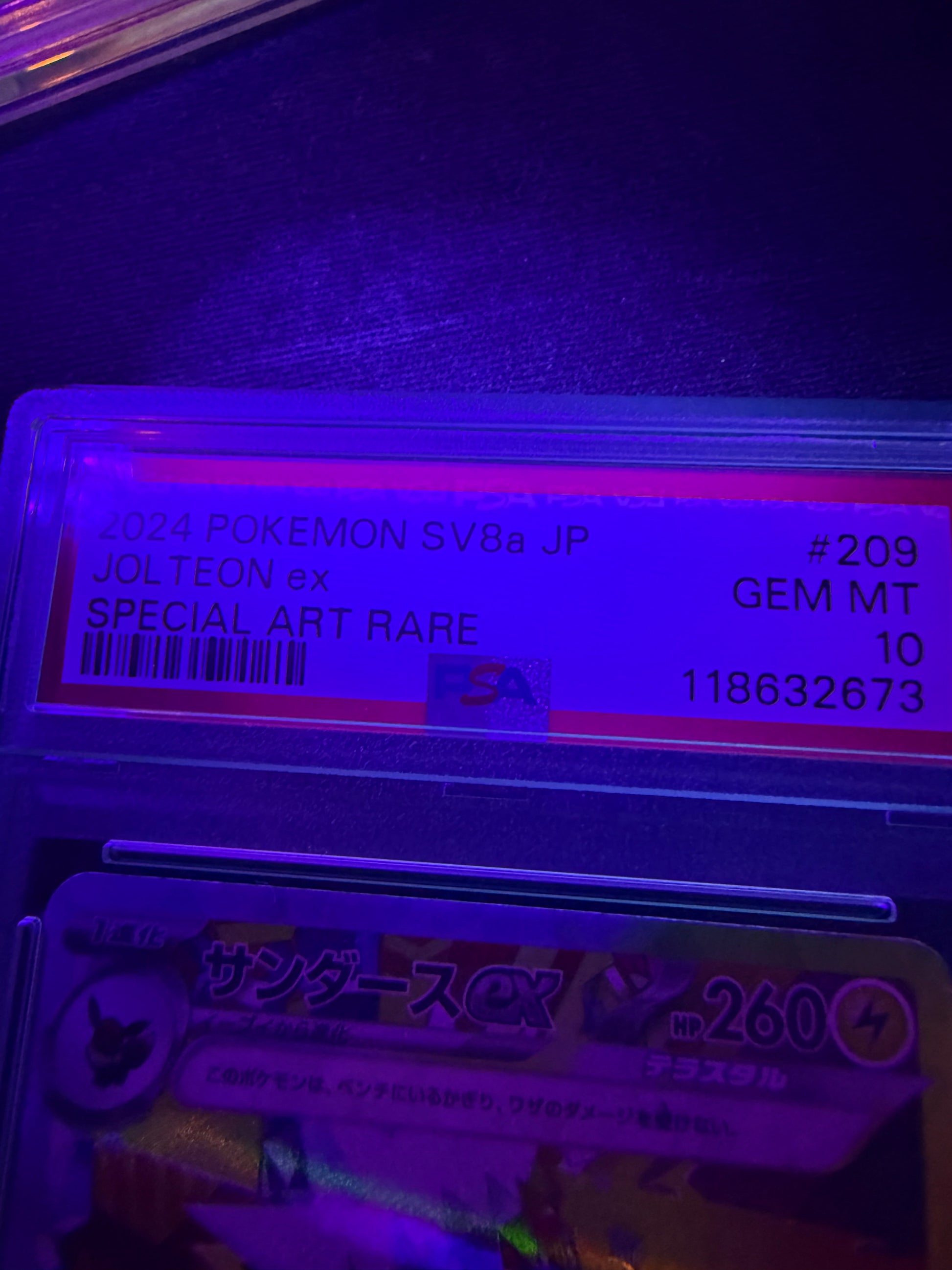 black light 2024 POKEMON JAPANESE SV8a-TERASTAL FEST ex #209 JOLTEON ex SPECIAL ART RARE #118632673 PSA 10