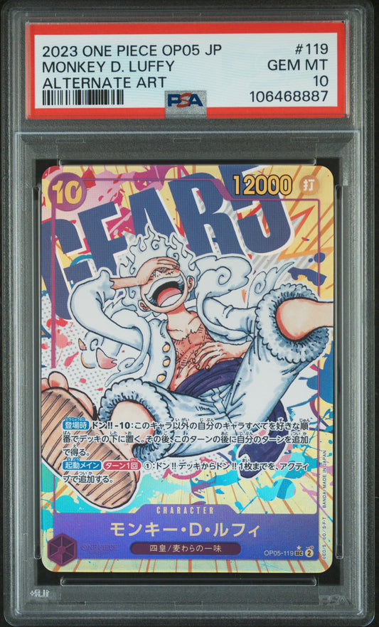 front of 2023 ONE PIECE JAPANESE OP05-AWAKENING OF THE NEW ERA #119 MONKEY D. LUFFY #106468887 PSA 10 ALTERNATE ART