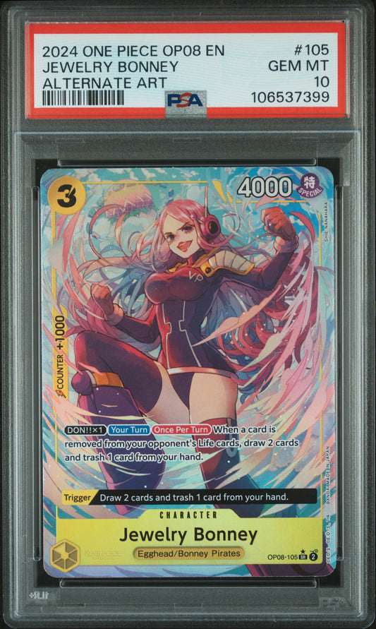 front of 2024 ONE PIECE OP08-TWO LEGENDS #105 JEWELRY BONNEY ALTERNATE ART PSA 10 #106537399